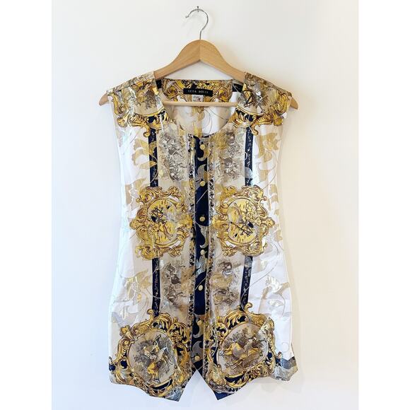 Ceta Dolce Vintage 80s Mens Polo Brocade Silk Metallic Tie Back Button Up Vest L - Picture 1 of 11